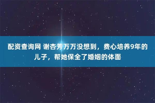 配资查询网 谢杏芳万万没想到，费心培养9年的儿子，帮她保全了婚姻的体面